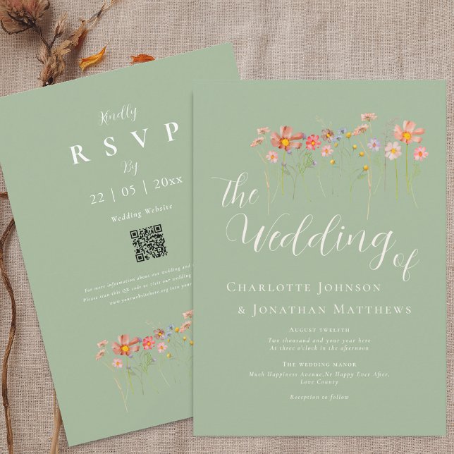 Boho Fall Wildblume Sage Green QR Code Hochzeit Einladung (Boho fall Wildflower meadow sage green Wedding qr code invitation Outdoor autumn destination wedding)