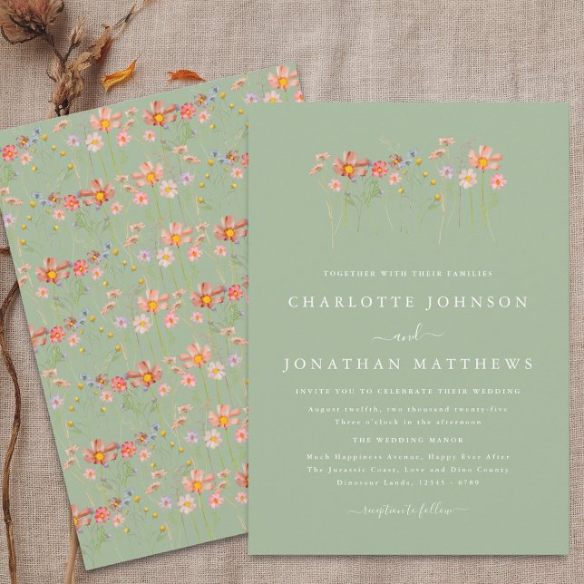 Boho Fall Wildblume Sage Green Wedding Einladung (Boho fall Wildflower meadow floral sage green Wedding Invitation Elegant modern script terracotta )
