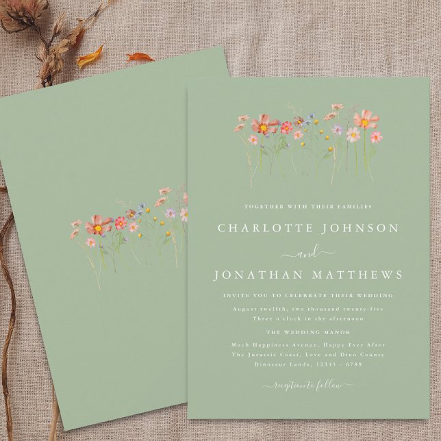 Boho Fall Wildblume Sage Green Wedding Einladung (Boho fall Wildflower meadow floral sage green terracotta Wedding Invitation Elegant modern script )