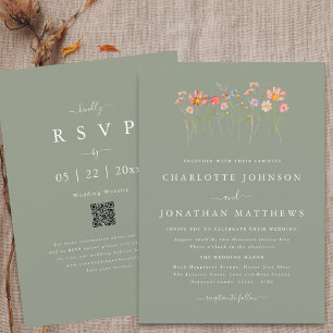 Boho Fall Wildblume Sage Green Wedding QR Code Einladung