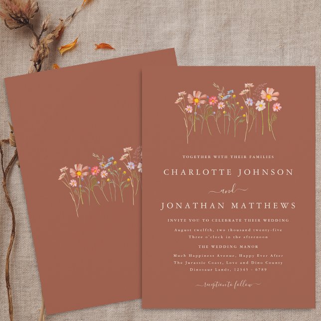 Boho Fall Wildblume Terracotta Orange Wedding Einladung (Boho fall Wildflower floral beige terracotta Wedding invitation Watercolor flowers autumn colors)