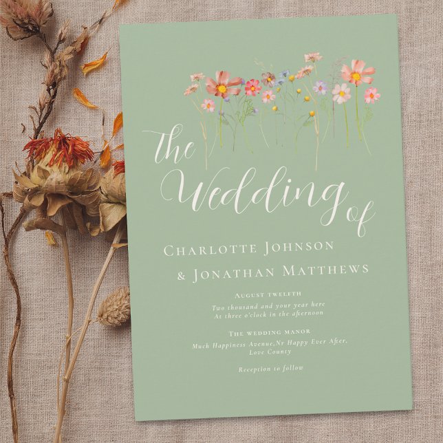 Boho Fall Wildblume Terracotta Sage Green Wedding Einladung (Boho fall Wildflower rustic floral sage green Wedding invitation Elegant modern script watercolor)