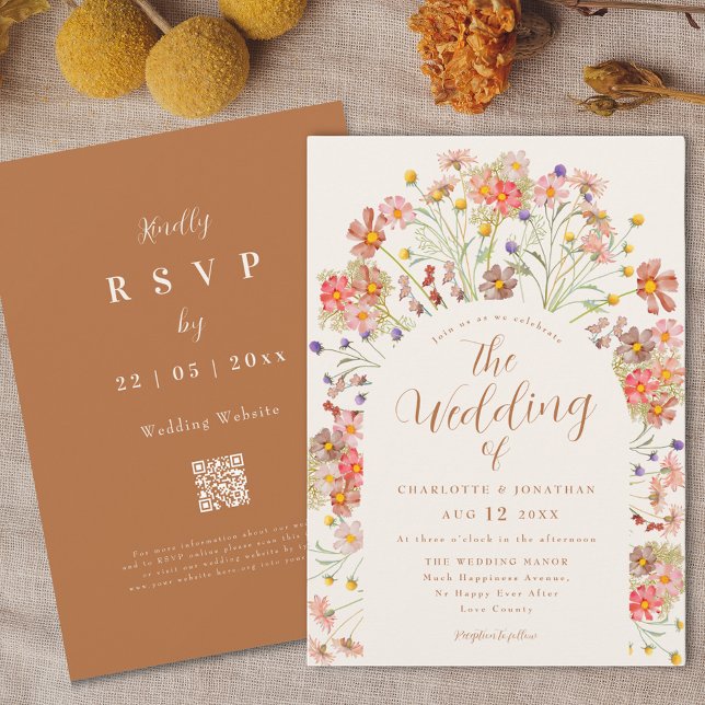 Boho Fall Wildblume Terracotta Wedding Einladung (Boho Fall Wildflower Arch Terracotta Wedding Invitation
With website QR code rsvp)