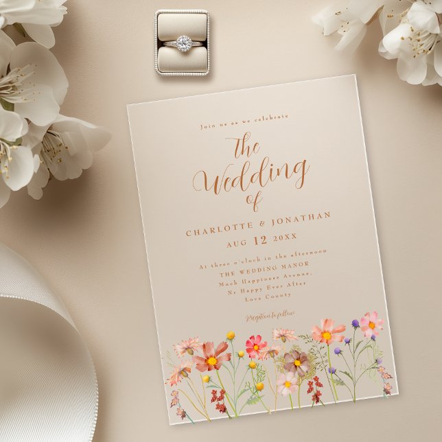 Boho Fall Wildblume Wedding Acryleinladungen (Boho fall wildflower wedding acrylic invitation with watercolor florals & elegant terracotta script)