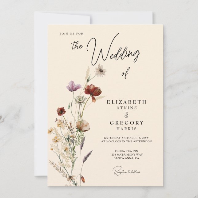 Boho Fall Wildblume Wedding Einladung (Vorderseite)