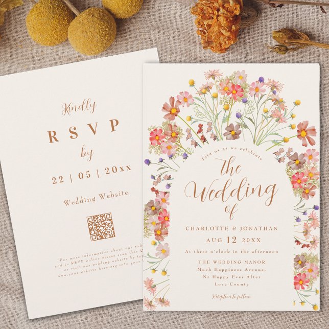 Boho Fall Wildblume Wedding Einladung (Boho fall Wildflower floral arch elegant script Wedding invitation terracotta burnt orange beige )