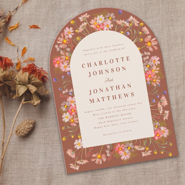 Boho Fall Wildblume Wedding Einladung (Boho rustic wildflower arch fall wedding invitation elegant modern burnt orange terracotta  beige )