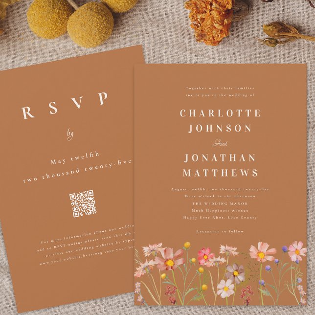 Boho Fall Wildblume Wedding Einladung (Boho fall Wildflower terracotta Wedding invitation with RSVP online website qr code)