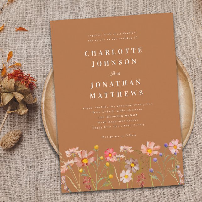 Boho Fall Wildblume Wedding Einladung (Boho fall Wildflower terracotta Wedding invitation rustic country garden elegant typography)