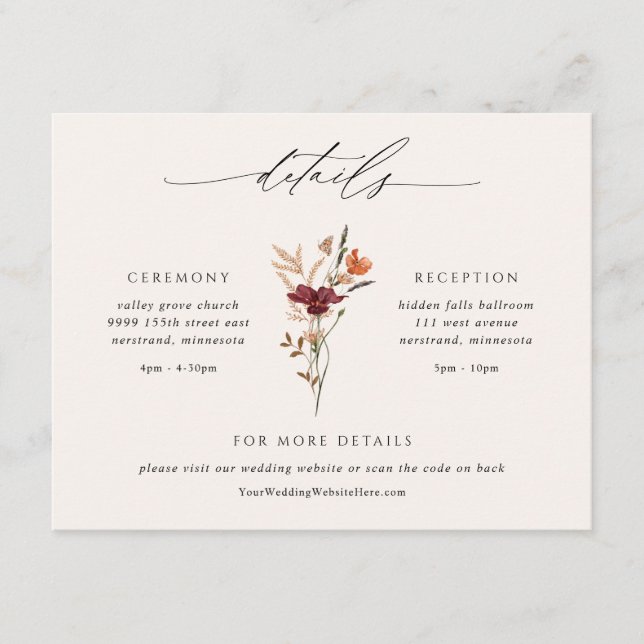 Boho Fall Wildblumen Hochzeitdetails Begleitkarte (Vorderseite)