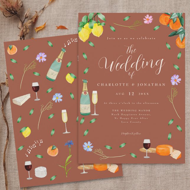 Boho Fall Wildflower Citrus Terracotta Wedding Einladung (Boho fall floral citrus terracotta wedding invitation Lemons oranges citrus fruits wine & cheese)