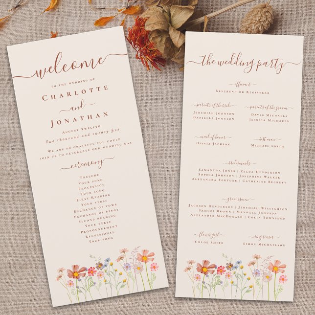 Boho Fall Wildflower Meadow Wedding Ceremony Menükarte (Boho fall Wildflower meadow beige Wedding ceremony program card watercolor florals elegant script)