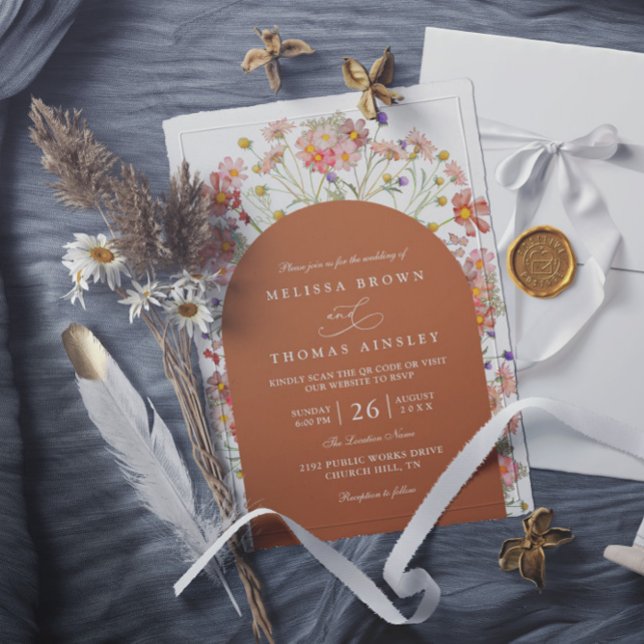 Boho Fall Wildflower Terracotta QR Code Wedding Einladung (Von Creator hochgeladen)