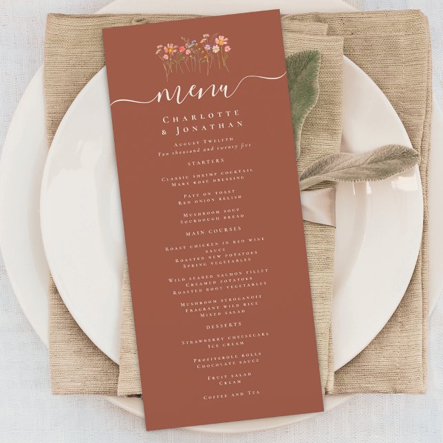 Boho Fall Wildflower Terracotta Rust Wedding Menükarte (Elegant boho fall Wildflower floral terracotta rust Wedding menu card)