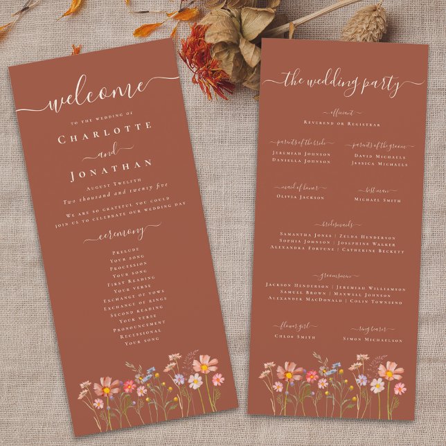 Boho Fall Wildflower Terracotta Wedding Ceremony Menükarte (Boho fall Wildflower meadow  floral terracotta rust Wedding ceremony program Elegant modern script)