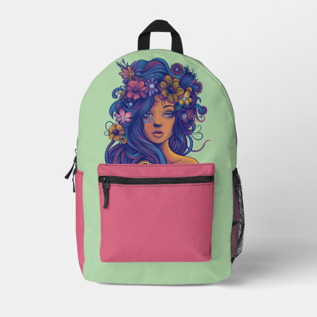 Boho Fantasy Woman mit Blumenhaar Bedruckter Rucksack (Vorderseite)