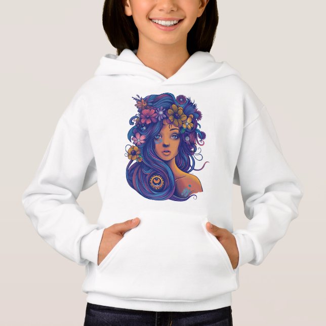 Boho Fantasy Woman mit Blumenhaar Hoodie (Vorderseite)