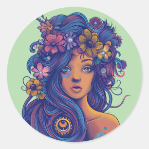 Boho Fantasy Woman mit Blumenhaar Runder Aufkleber