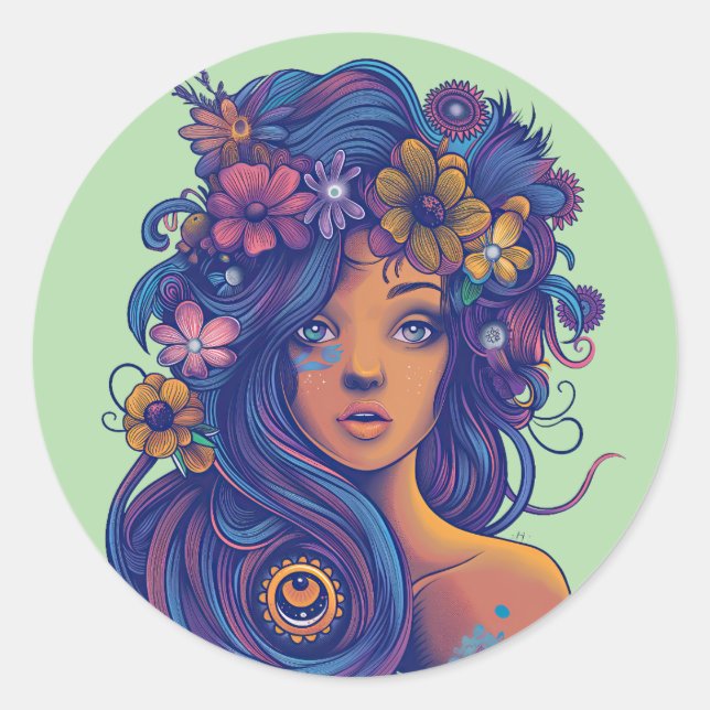 Boho Fantasy Woman mit Blumenhaar Runder Aufkleber (Vorderseite)