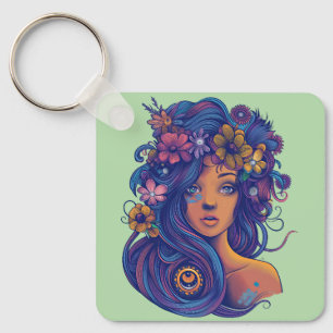 Boho Fantasy Woman mit Blumenhaar Schlüsselanhänger