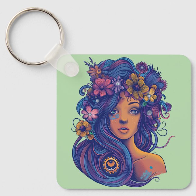 Boho Fantasy Woman mit Blumenhaar Schlüsselanhänger (Vorderseite)