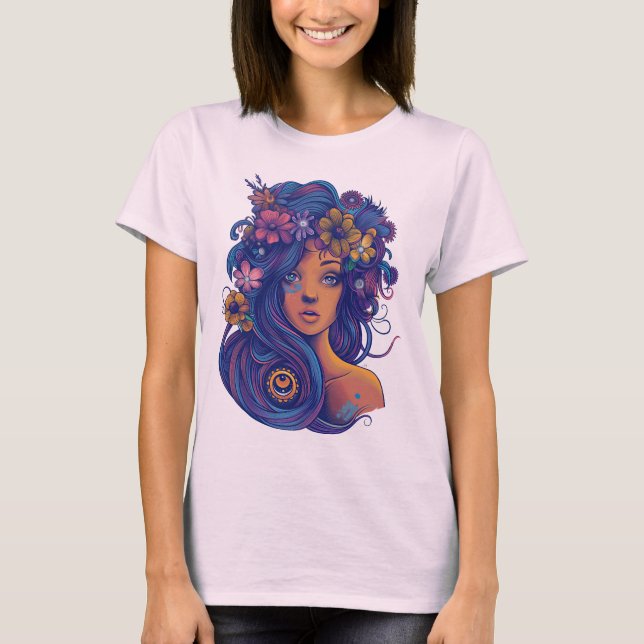 Boho Fantasy Woman mit Blumenhaar T-Shirt (Vorderseite)