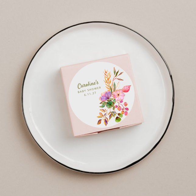 Boho farbenfrohe Aquarellblütendusche Baby Custom Runder Aufkleber (Von Creator hochgeladen)