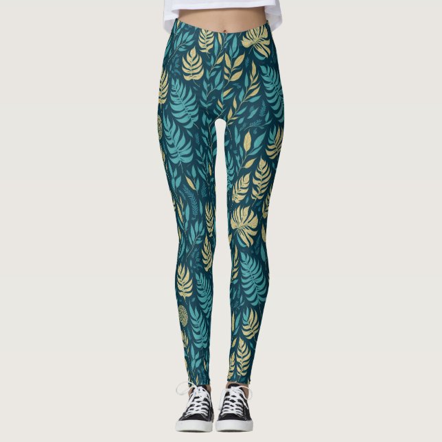 Boho farbenfrohe grüne botanische Blätter Grüne Leggings (Vorderseite)