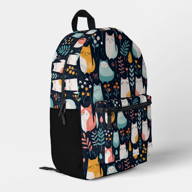 Boho farbenfrohe Katzen und Blätter Muster Bedruckter Rucksack (Rückseitige Ecke links)
