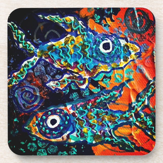 Boho-farbige Fisch-Set Untersetzer (Vorderseite)