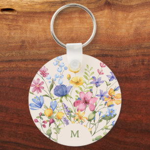 Boho Farbige Wildblumen mit Monogramm Schlüsselanhänger