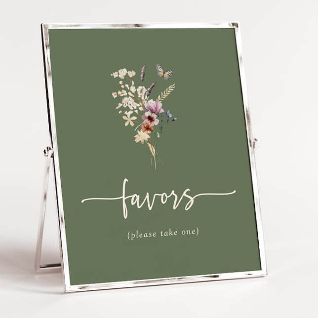 Boho Favors Poster (Watercolor Wildflower Sage Green Boho Favors Poster with Butterfly by Painted Paperie
)