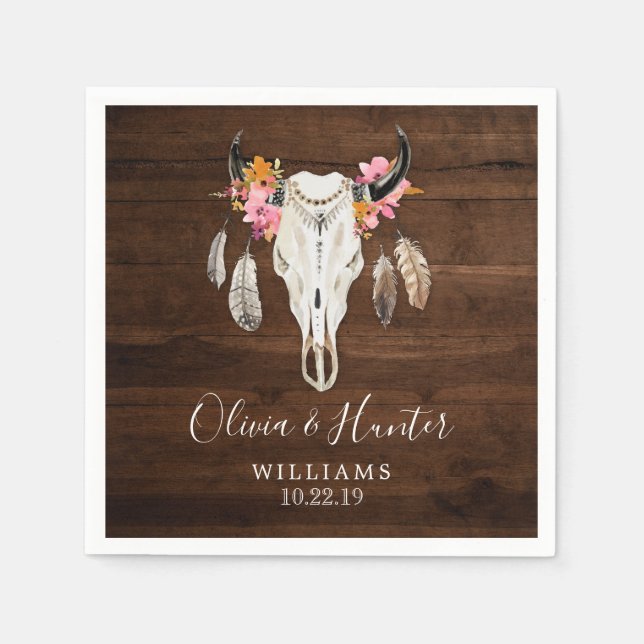 Boho Feather Antler Skull Dark Wood Wedding Serviette (Vorderseite)