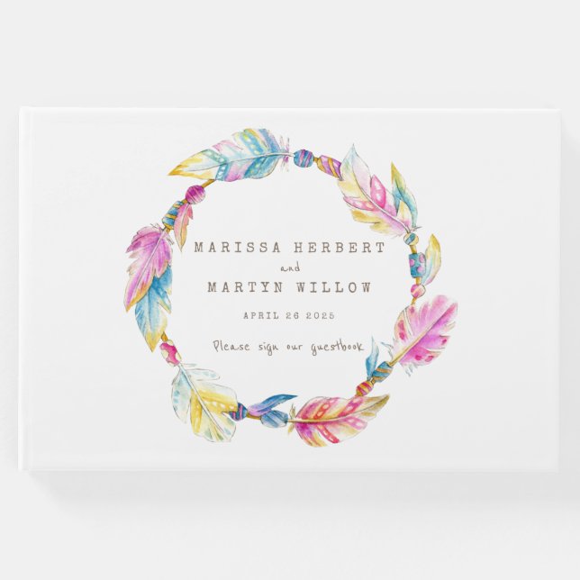 Boho Feather Aquarell farbenfrohe Hochzeitsguestbo Gästebuch (Vorderseite)