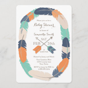 Boho Feather & Arrow Navy Orange Aquamarin Baby Sh Einladung