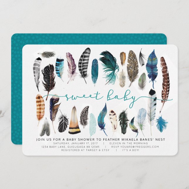 Boho Feather Baby Shower Einladung (Vorne/Hinten)