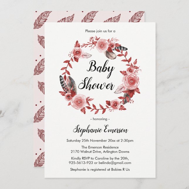 Boho Feather Burgundy Blush Baby Shower Einladung (Vorne/Hinten)