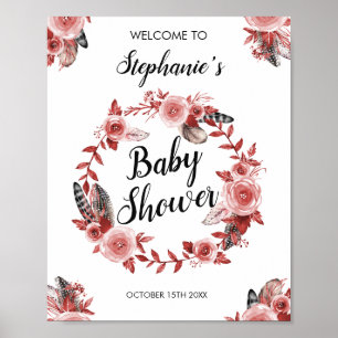Boho Feather Burgundy Rose Wreath Baby Shower Poster
