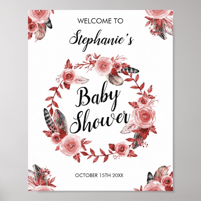 Boho Feather Burgundy Rose Wreath Baby Shower Poster (Vorne)