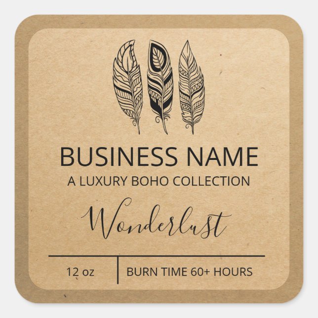 Boho Feather Design Kraft Paper Soy Candle Labels Quadratischer Aufkleber (Vorderseite)