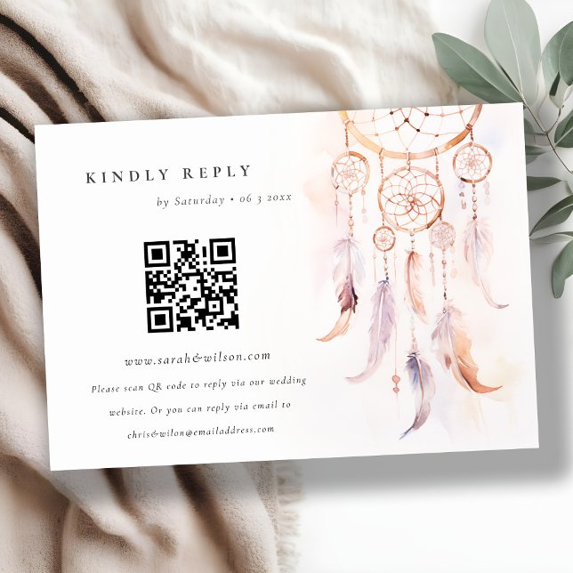 Boho Feather Dreamcatcher Wedding RSVP QR Code Begleitkarte (Von Creator hochgeladen)