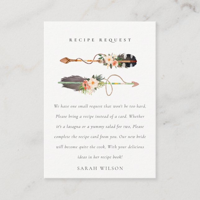 Boho Feather Floral Arrow Recipe Request Bride Begleitkarte (Vorderseite)