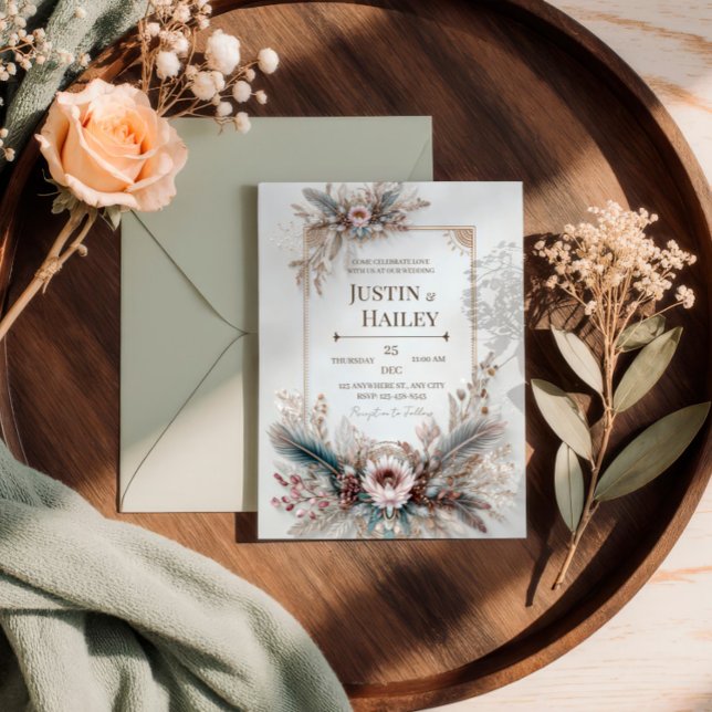 Boho Feather Floral Pink Gold Frame Wedding Einladung (Von Creator hochgeladen)