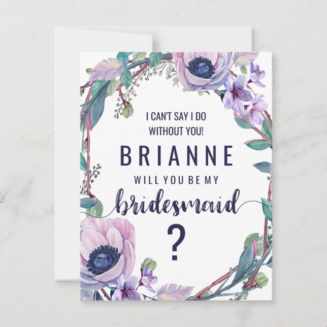 Boho Feather & Floral werden Sie meine Bridesmaid  Einladung (Vorderseite)