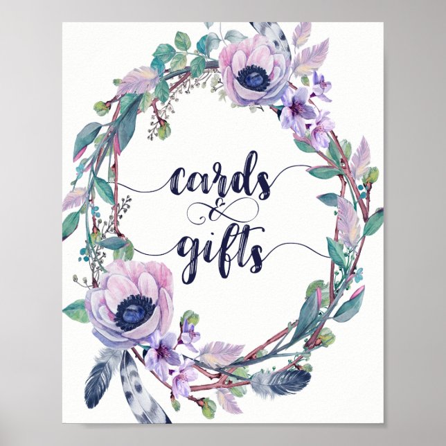Boho Feather & Floral Wreath Wedding Cards & Gifts Poster (Vorne)