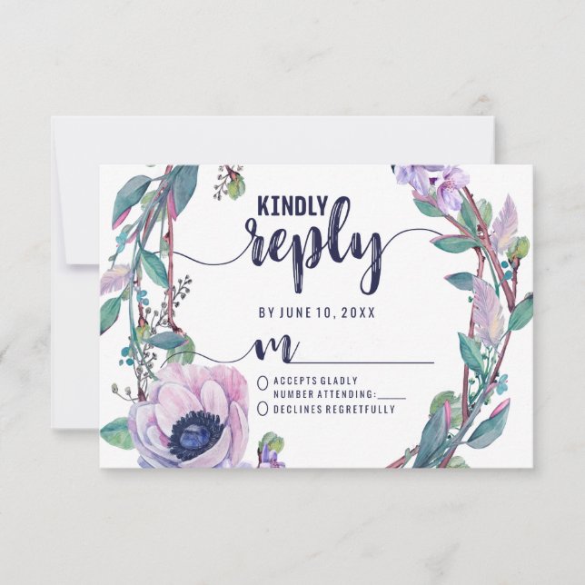 Boho Feather & Floral Wreath Wedding Reply UAWG RSVP Karte (Vorderseite)