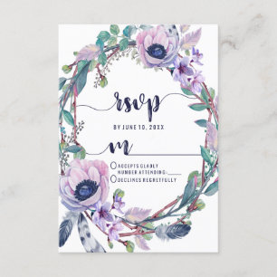 Boho Feather & Floral Wreath Wedding RSVP Response Karte