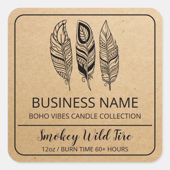 Boho Feather Kraft Paper Soy Candle Product Labels Quadratischer Aufkleber (Vorderseite)