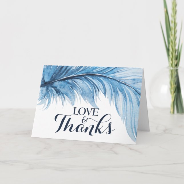 Boho Feather Navy Blue Watercolor Wedding Dankeskarte (Vorderseite)