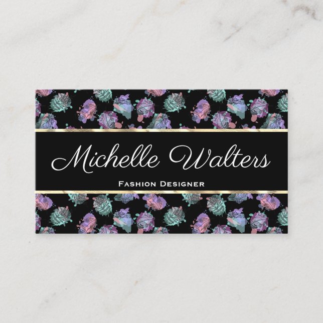 Boho Feather Pattern | Gold Trim Business Card Visitenkarte (Vorderseite)